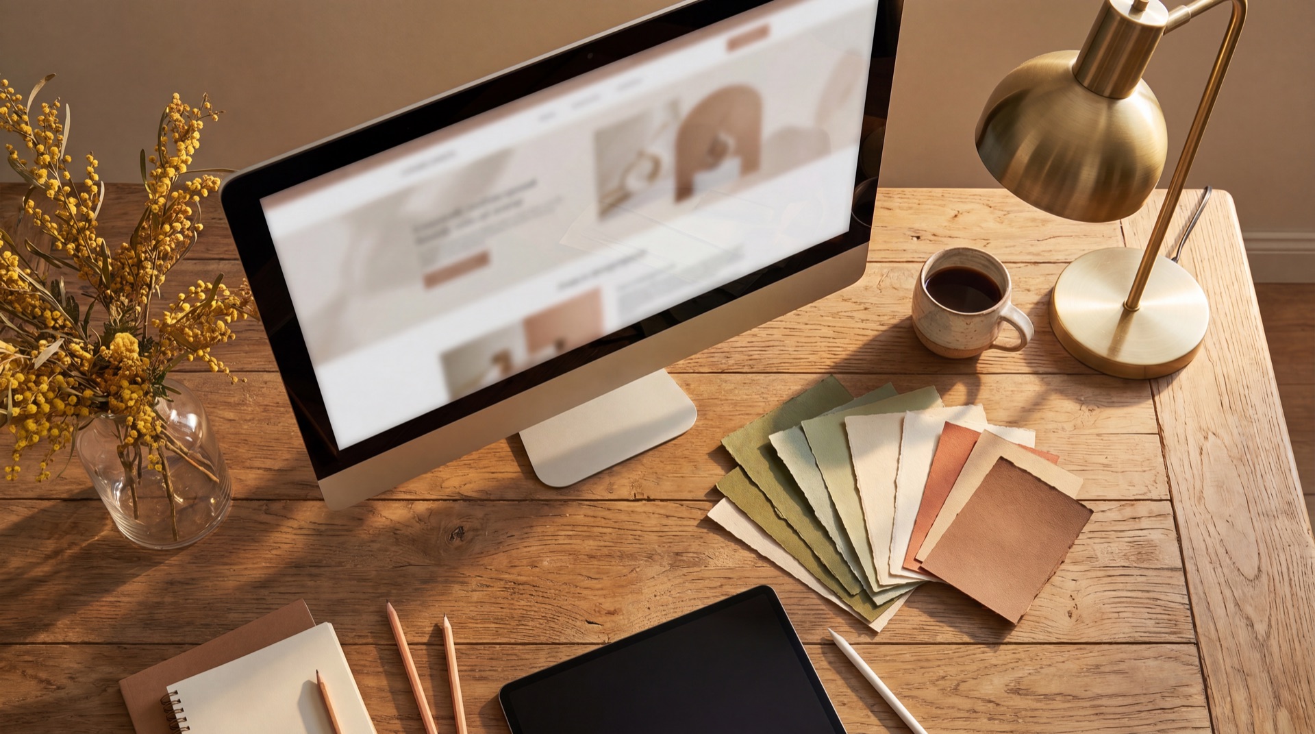 The CreateByDarc studio desk — type, palette swatches and a design in progress